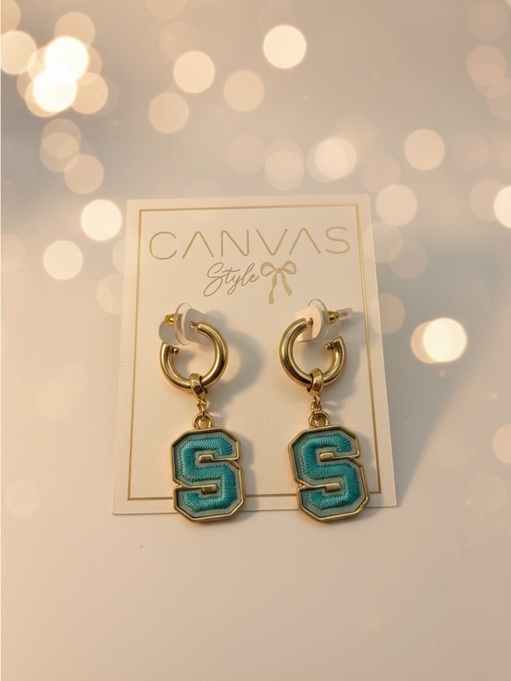 Canvas Style Gold Hoop Initial S Drop Earrings Teal Letter S Charm New